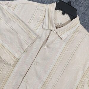Tommy Bahama Shirt Mens XL Beige Stripe Silk Short Sleeve Floral Tropical Beach